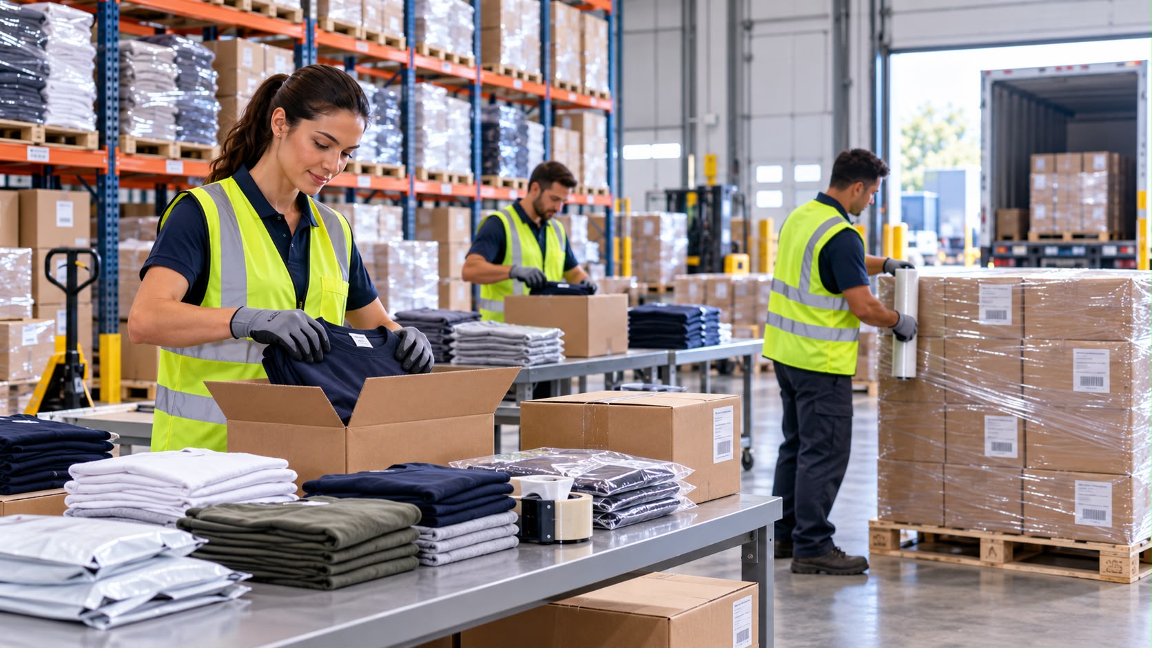 Warehouse team folding, packing and shrink-wrapping goods for shipment
