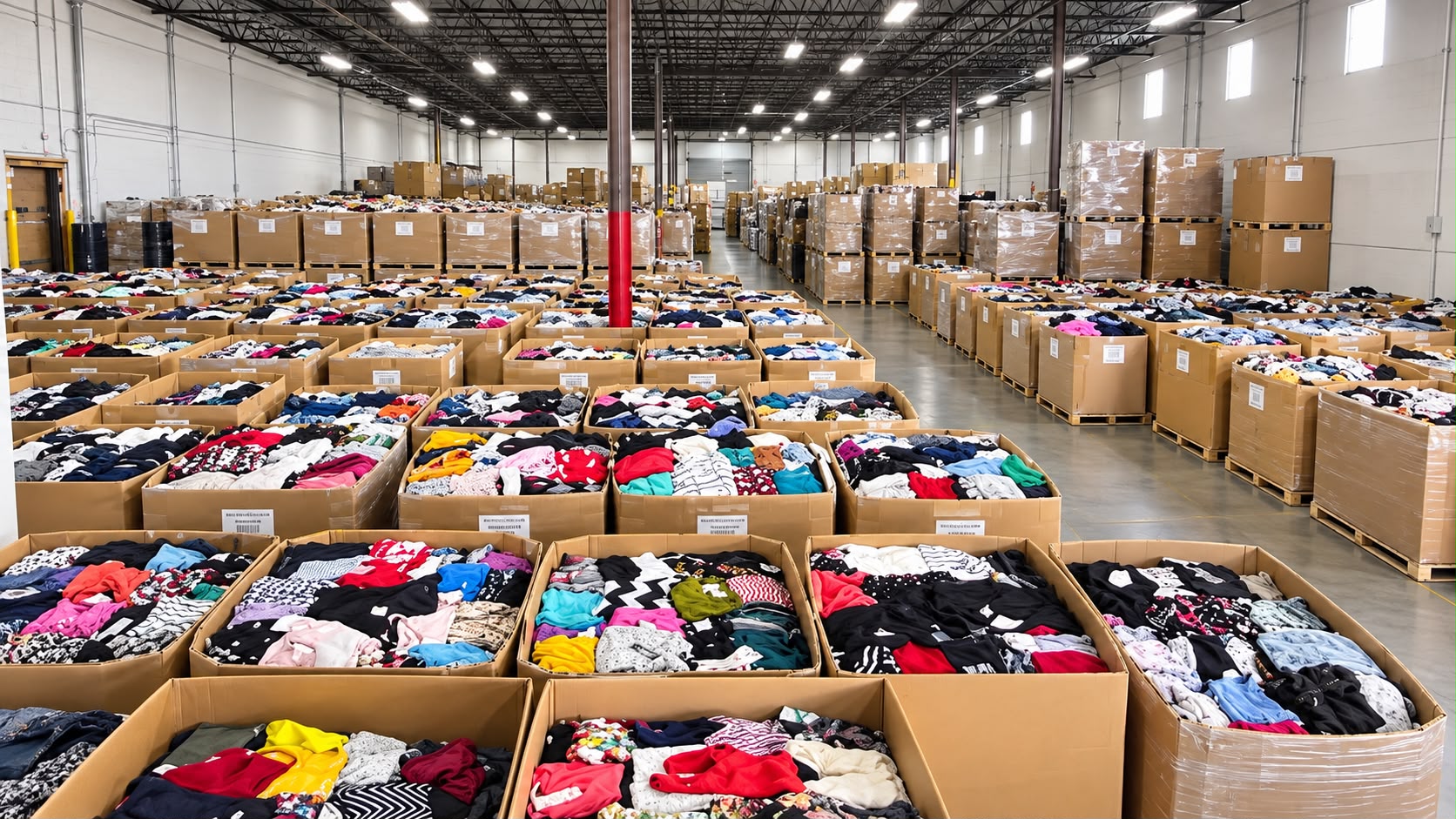 Warehouse aisles lined with pallets and open cartons of sorted merchandise