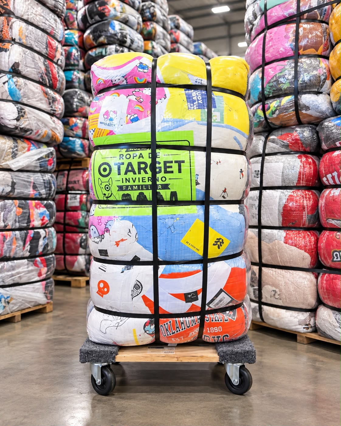 Wrapped and strapped bales of merchandise stacked on a pallet in the Cariex warehouse
