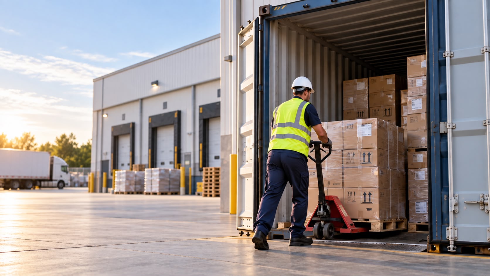Worker loading a pallet of wrapped cartons into a shipping container
